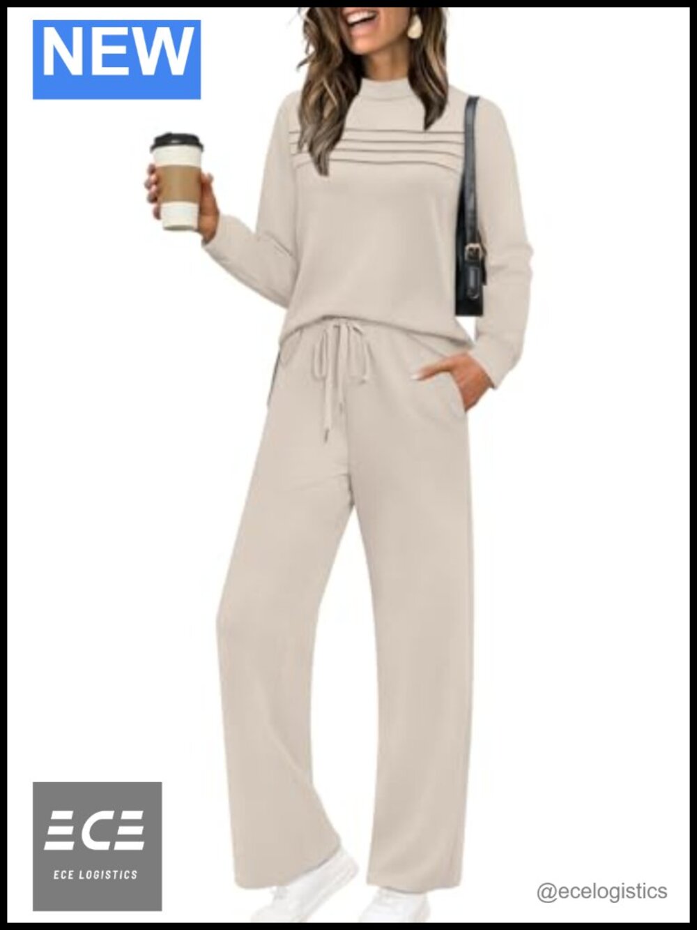 WIHOLL Two Piece Set Long Sleeve Top Wide Leg Crop Pants Lounge Travel
